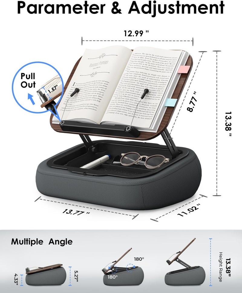 Viozon Lap Book Pillow Stand with Storage, Adjustable Beanbag Reading Pillow with Dark Wood Panel, Multi-Angle Book Holder for Hands-Free Reading in Bed or Sofa,Book Lover Essential,Soft Cushion - Image 3